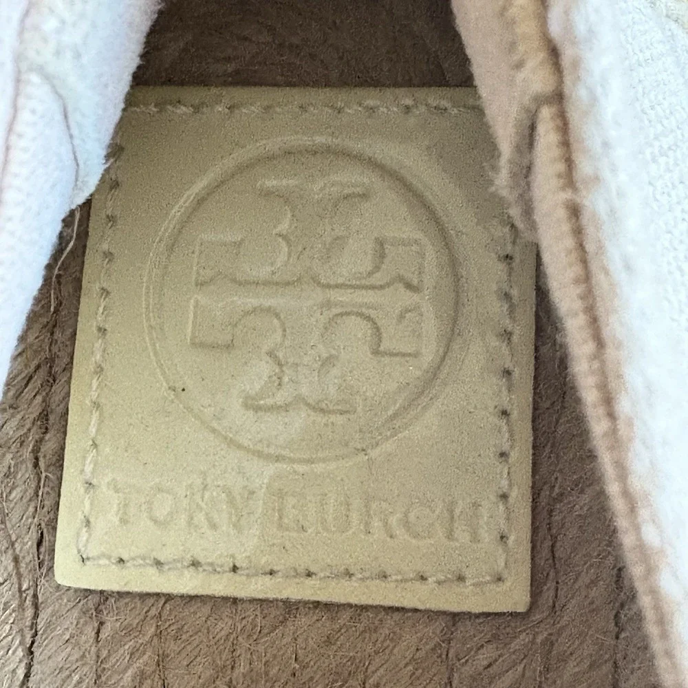 $298 NWOT TORY BURCH Espadrille Loafers Pink w/Cream Patent‎ Leather Logo SZ 9.5